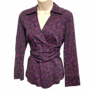 APT 9 Black and Purple Floral Long Sleeve Shirt Top Blouse Womens Medium